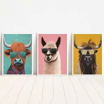 Highland Cow Poster Llama Yak Animal Canvas Painting Fun Sunglasses Wall Art Print Nordic Nursery Picture Living Kids Room Decor 21x30cm No Framed