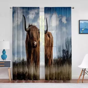 Highland Cow Sheer Voile Curtain Farmhouse Western Cattle Bull Window Tulle Curtains for Living Room Bedroom Kitchen Decoration 1 PCS W100XH250cm&Rod Pocket
