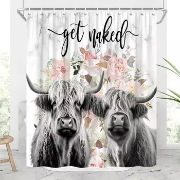 Highland Cow Shower Curtain Get Naked Funny Cute Bull Cattle Country Pink Floral Farmhouse Wild Animal Bathroom Curtains Polyest 120x180cm