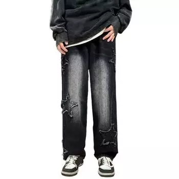 HighWaist Stars Towel Jeans Pants Wide Leg Мужские джинсы из денима Модные прямые брюки Y2K для мужчин S синий