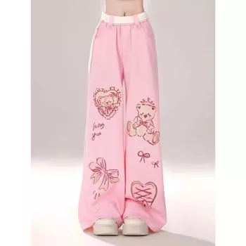 Хикигава шикарные модные женские летние кавайные повседневные прямые брюки с принтом медведя, винтажные свободные широкие брюки с героями мультфильмов Mujer S розовый