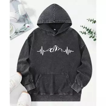 Hill Electrocardiogram Printed Washed Hoodie Women Autumn Fashion Streetwear Loose Top Cotton Hip Hop Hoody M
