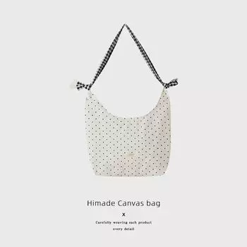 Himade Japanese and Korean Artistic Canvas Bag Girls Polka Dot Crossbody Shoulder Bag Large Capacity Work Clothing Lightweight Tote Bag Beige