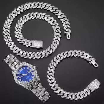Хип-хоп 12 мм 3 шт. комплект часы + ожерелье + браслет блестящие кристаллы AAA + замороженные кубинские цепи для женщин и мужчин ювелирные изделия 24inch&7inch