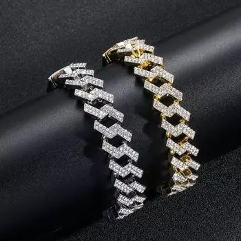 Хип-хоп 15 мм бриллиантовая кубинская цепочка из сплава с бриллиантами Мужской крутой браслет в стиле хип-хоп