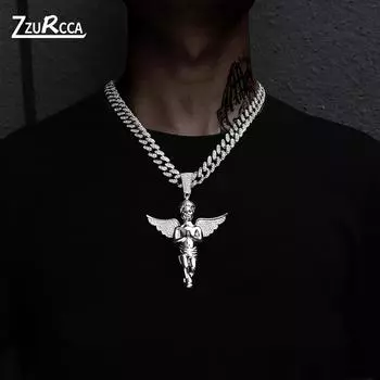 Хип-хоп Ангел кулон мужской золотой кубинский цепь горный хрусталь микропаве ожерелье для мужчин и женщин Kpop Collier Colar Masculino 18inch(45cm)