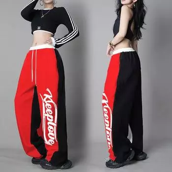 Хип-хоп Европейский и американский стиль Джаз С высокой талией Танцевальные Повседневные Спортивные штаны 502 Red and Black Drawstring pure cotton Pants 2XL