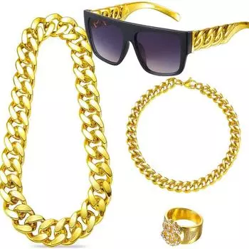 Hip-hop Exaggerated Punk Alloy US Gold Chain Necklace Glasses Ring Bracelet Set