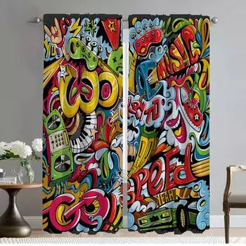 Hip-hop Graffiti Partition Kitchen Curtains 2 Pieces Blackout Curtains for Camera Halloween Decoration Curtain for Room 2 Panel W50xH70cmx2pcs-CL