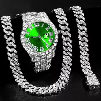 Хип-хоп Iced Out кубинское ожерелье часы для мужчин AAA 2 ряда зубцов кубинское ожерелье + часы + браслет комплект панк рэппер ювелирные изделия подарки width 12MM&8in and 18in