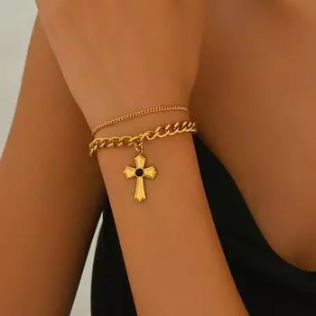 Hip Hop Ladies Bracelet Geometric Multi-Layer Inlaid Jewel Design Cross Pendant Jewelry Women