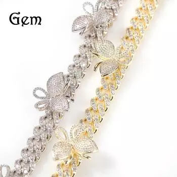 Хип-хоп микро инкрустация циркон бабочка кубинское ожерелье мужская и женская одинаковая цепочка на ключицу европейский и американский популярный орнамент 14inch