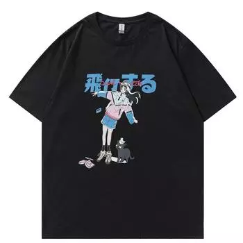 Хип-хоп мультфильм девушка кошка японская футболка с принтом кандзи уличная футболка Harajuku 2023 унисекс летняя футболка с коротким рукавом топы футболки L