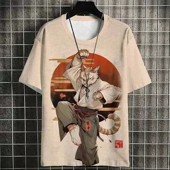 Хип-хоп мультяшный кот графика летняя мужская футболка 3D принт повседневный пуловер O-образный вырез толстовка топ свободный повседневный короткий рукав S