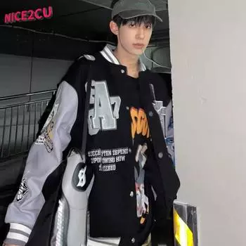 Хип-хоп Мужские лоскутные куртки с вышивкой букв Harajuku Куртка-бомбер Корейская уличная одежда Негабаритные свободные бейсбольные пальто из искусственной кожи для подростков L чёрный