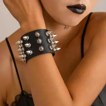 Хип-хоп мужской серебряный цвет шипованный рок браслет браслеты кожаный черный браслет конический стиль панк G4H4 black-1pcs