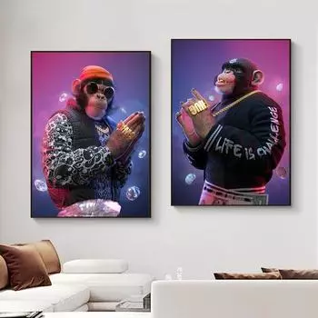 Хип-хоп Обезьяна Шимпанзе Плакат Животное Настенное Искусство Холст Картина Интересная Горилла с принтом в очках 21cm30cm NoFrame