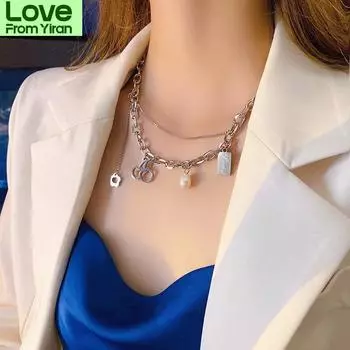 Хип-хоп простое ожерелье для девушки жемчужная буква квадратная подвеска ключичная цепочка многослойный чокер женская вечеринка мода уникальные ювелирные изделия