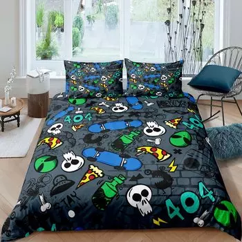 Hip Hop Skateboard Duvet Cover Queen,Gothic Skull Green Alien Bedding Set 3pcs for Teens,Street Wall Graffiti Comforter Cover US Queen(228x228cm)