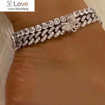 Хип-хоп стразы бабочка массивный металл кубинские звенья ножные браслеты цепочка ювелирные изделия для женщин Iced Out Miami кубинские ножные браслеты ювелирные изделия для вечеринок 28.5cm