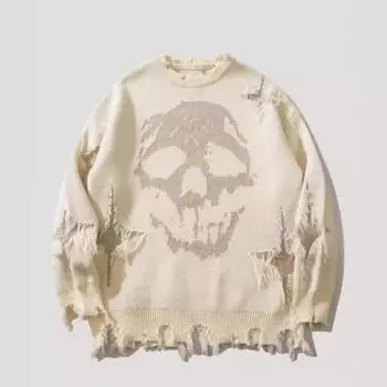 Хип-хоп темный уличный европейский и американский скелетный жаккардовый рваный свитер осень и зима мужской и женский свободный свитер вязаный свитер M