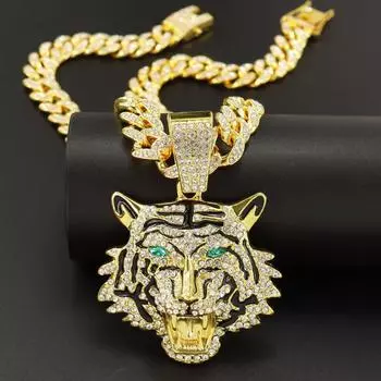 Хип-хоп Тигр Подвеска Ожерелье Кристаллическая Цепочка Bling Ожерелья Мужчины Женщины Ювелирные Аксессуары 45cm золотой