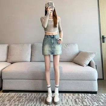 Hip Skirt Miniskirt Summer Retro A-line Skirt Summer Denim Skirt Summer High Waist Anti-exposure Inner XS