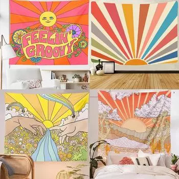 Хиппи Медитация Украшения Винтаж Солнце Луна Гобелен Радуга Восход Закат Абстрактный Стиль Настенный декор 100x75cm
