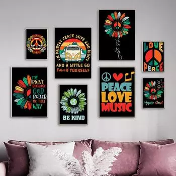 Хиппи Мир Любовь Музыка Холст Картина Душа Подсолнух Будь добрым Цитата Плакат и Печать Ретро 60-е Абстрактные Настенные Картины Декор 21x30cm No Framed