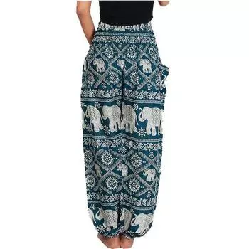 Хиппи-шик, Брюки для отдыха, принт слона, Один размер с кулиской, Модель унисекс. Зеленый. зелёный