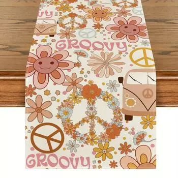 Hippie Daisy Flower Peace and Love Pattern Linen Table Runners Wreath Float Groovy Dresser Scarf Home Party Dining Table Decor 150x33cm 59x13inch