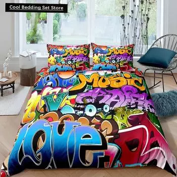 Hippie Graffiti King Queen Duvet Cover Hip Hop Bedding Set for Kids Teens Adults Wall Urban Street Art Polyester Quilt Cover US King 264x228cm