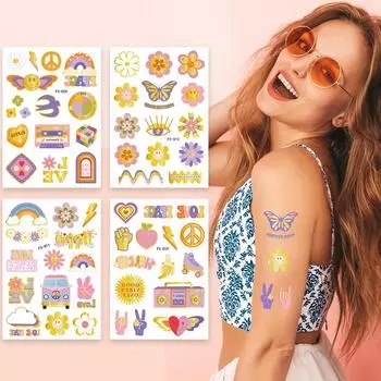 HIPPIE Peace Love Gold Powder Tattoo Stickers Hippie Party Водонепроницаемые потостойкие наклейки-бабочки-цветы FX-009