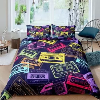 Hipster Duvet Cover Music Radio Broadcast Walkman Bedding Set for Teens Colorful Tape Vintage Country Music Comforter Cover EU Single(135x200cm)