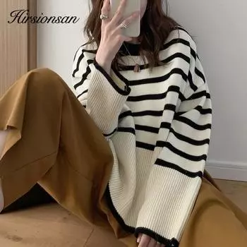 Hirsionsan 2021, осенний свободный вязаный свитер в полоску большого размера, женский классический ретро-универсальный двусторонний пуловер с разрезом, женские мягкие топы one size чёрный