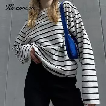 Hirsionsan 2022, базовые футболки в толстую полоску, женские осенние футболки с длинными рукавами, свободная нижняя часть, женская повседневная вязаная хлопковая женская одежда S чёрный