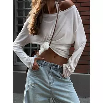 Hirsionsan 2025 Базовые футболки из лиоцелла для женщин, весна-лето, длинные рукава, свободные футболки, женские повседневные трикотажные мягкие женские топы S/M белый