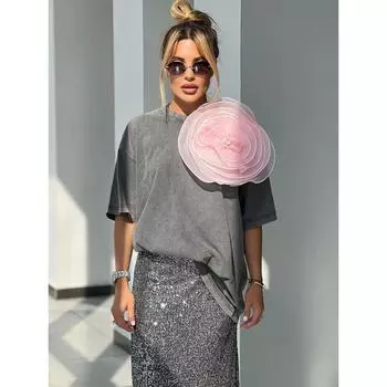 Hirsionsan 2025 Кислотно-стираемая винтажная футболка уличная эстетическая шикарная футболка с цветком женская повседневная хлопковая футболка с коротким рукавом Y2k M чёрный