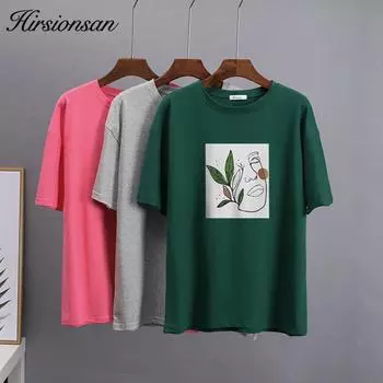 Hirsionsan абстрактная простая футболка с принтом, женская футболка большого размера в стиле Харадзюку, хлопковая футболка с рисунком, летние женские топы с короткими рукавами M белый