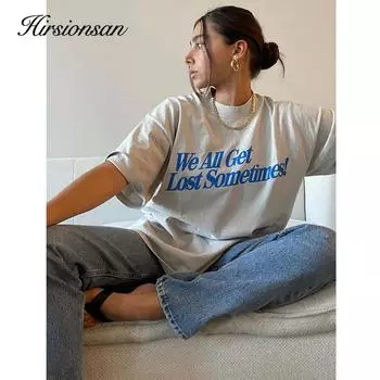 Hirsionsan элегантные футболки с буквами пинты для женщин, лето 2023, универсальные футболки большого размера, женские повседневные хлопковые топы с короткими рукавами M белый