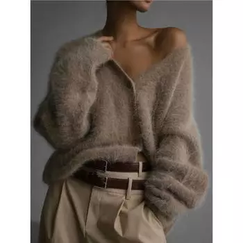 Hirsionsan элегантный свитер с длинным рукавом для женщин 2025 новый однобортный женский повседневный кардиган мягкий гибкий трикотажный пиджак S белый