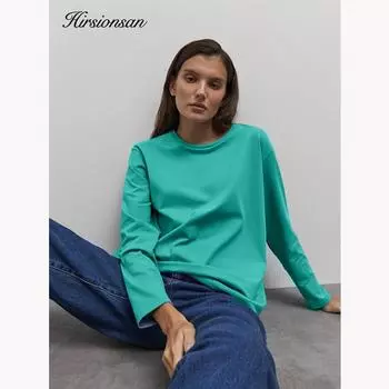 Hirsionsan базовая футболка из 100% хлопка с круглым вырезом, женская свободная пуловер большого размера, шикарные повседневные футболки, женские топы, одежда для девочек, 16 цветов M чёрный