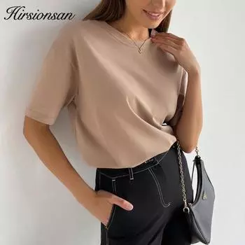 Hirsionsan базовая хлопковая футболка женская летняя новая свободная однотонная футболка 19 цветов повседневная свободная футболка женские большие женские топы с круглым вырезом M белый