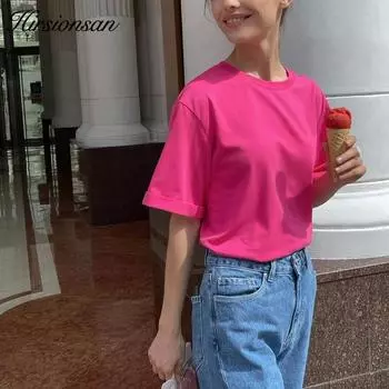 Hirsionsan базовая хлопковая футболка женские летние новые свободные однотонные футболки 16 цветов повседневные свободные простые футболки женские корейские женские топы с круглым вырезом XL белый