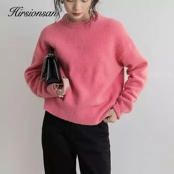 Hirsionsan, базовый кашемировый свитер с круглым вырезом, женский 2021, новинка, большие вязаные пуловеры розового цвета, женские повседневные толстые теплые топы one size розовый
