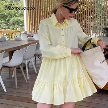 Hirsionsan белые женские платья с отложным воротником, шикарное винтажное платье оверсайз с длинными рукавами, свободная элегантная юбка на пуговицах для женщин S зелёный