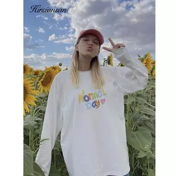 Hirsionsan, цветная футболка из плотного хлопка с длинными рукавами и принтом, женские винтажные шикарные базовые пуловеры, женские весенние футболки 2023 L белый