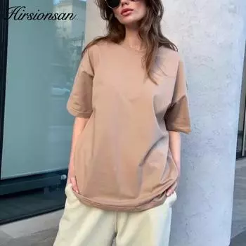 Hirsionsan длинные футболки большого размера женские летние хлопковые однотонные уличные мягкие базовые свободные женские футболки с короткими рукавами M чёрный