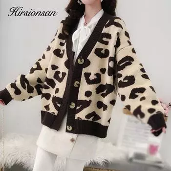 Hirsionsan Досуг вязаный кардиган с леопардовым принтом женский осенний свободный свитер с v-образным вырезом и длинными рукавами женские простые модные однобортные топы one size кофейный