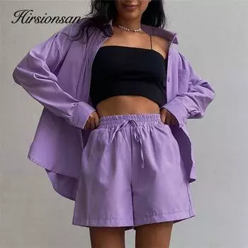 Hirsionsan Французская повседневная рубашка с длинными рукавами и свободные шорты, женский модный минималистичный комплект из 2 предметов, женский спортивный костюм из мягкого хлопка S зелёный